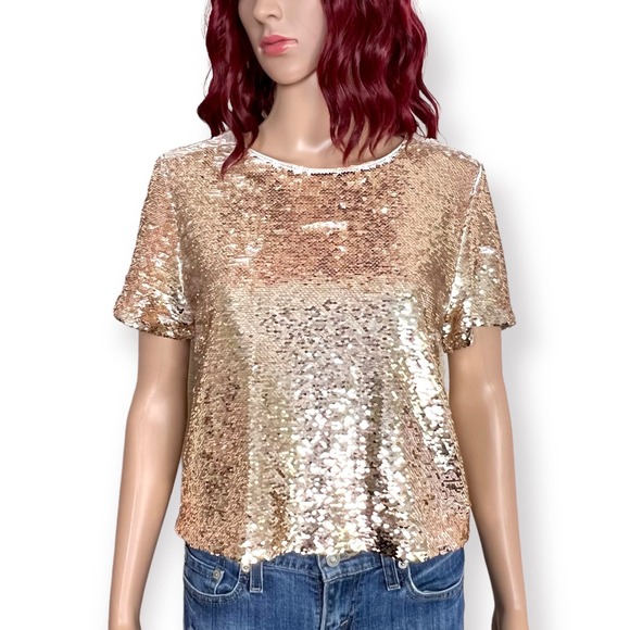 Ark & Co Champagne Flip Sequin Top Womens Small Loose Fit Lined TE4468T - Picture 2 of 12